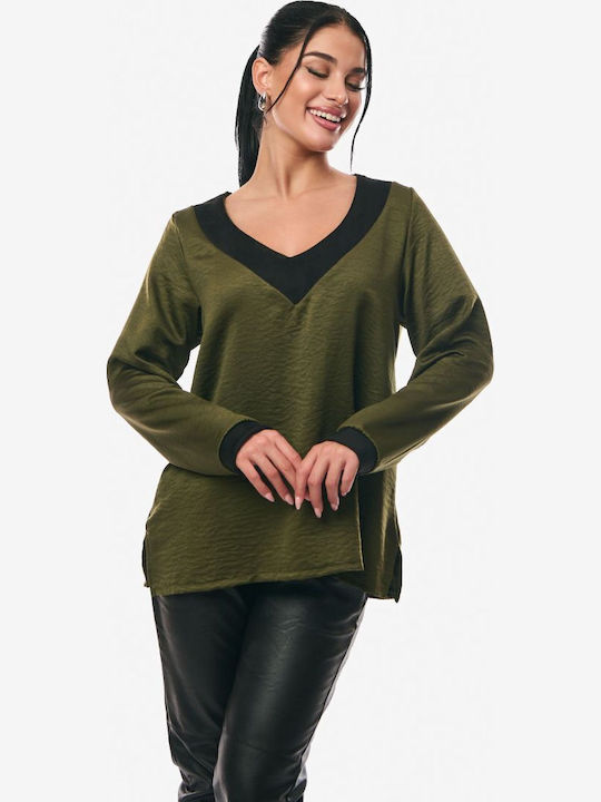 Women's Blouse Satin Long Sleeve with V Neckline Khaki