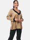 Women's Blouse Satin Long Sleeve with V Neckline Beige