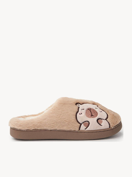 Tan Slippers Fur Lining K Embroidered Teddy Bear