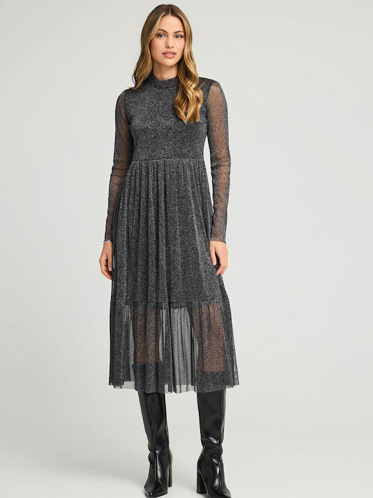 Rochie Midi de Seară cu Plasă Neagră