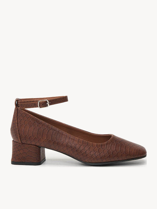 Braune Krokodilleder-Plateauschuhe mit Riemen