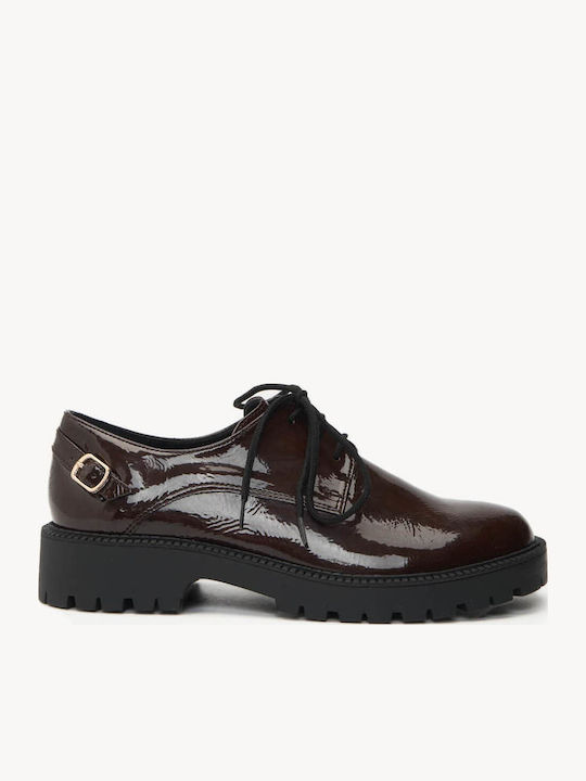 Brown Lace-Up Patent Leather Chunky Sole Shoes