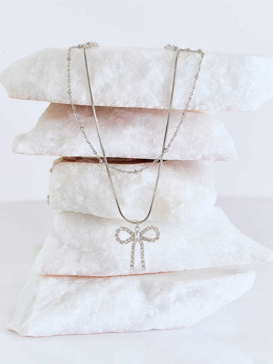 Celestino Women's Double Silver Necklace with Strass Bow