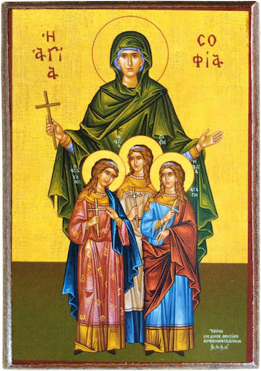 Saint Sophia Daughters Faith Hope Love Full-Body Icon Frame Category Paper Krn No 00 Dimensions 6.5cm X 9.5cm Wooden MDF S&k Byzantine Icons