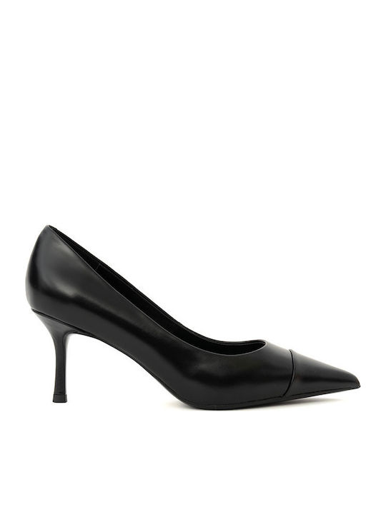 Leather Pointed Toe Black Medium Heels