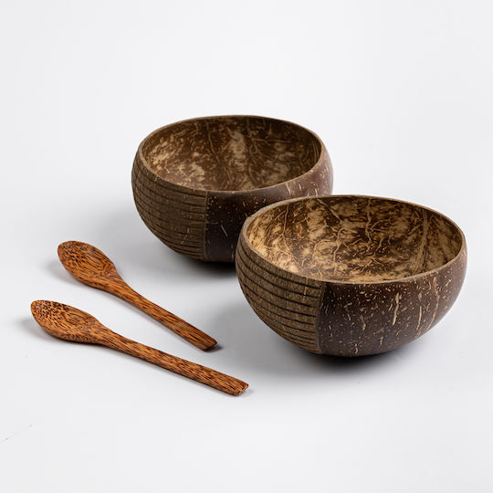 Authentic Coconut Bowls 2 Pieces Engraved Designs 2 Coconut Spoons D:15-16 Cm H:7-8 Cm X 800-850ml
