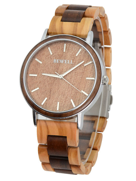 Bewell Ανδρικό Ρολόι 41mm Μπαταρίας με Καφέ Ξύλινο Μπρασελέ