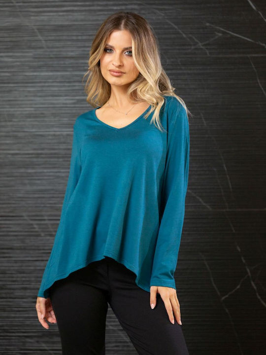 Women's Blouse Long Sleeve with V Neckline Petrol Blue