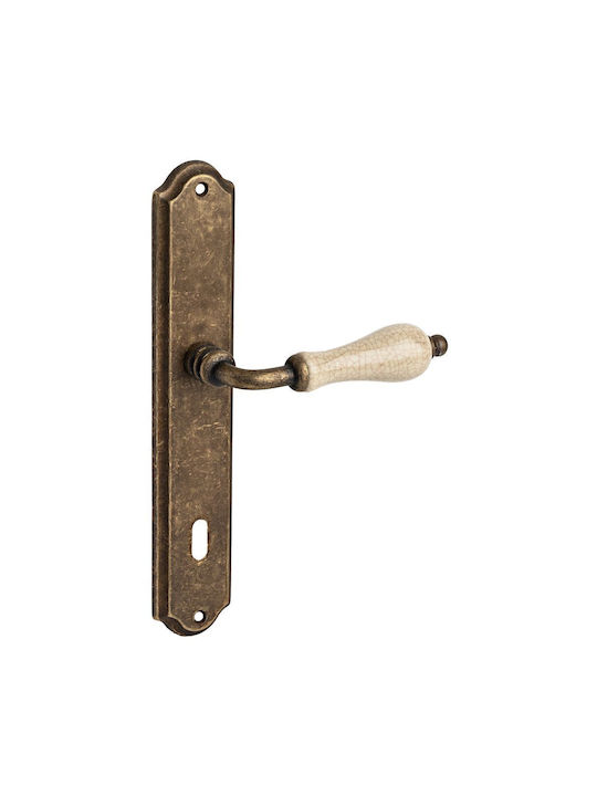 Roline K315 Front Door Lever Pair Fixed Plate Brass & Porcelain Antique Crackle 255x45x129mm