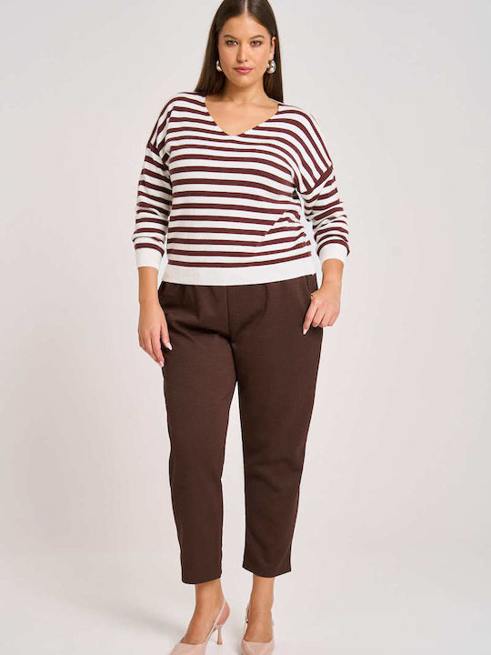 Women's Fabric Trousers with Elastic Carrot Fit Checked Brown