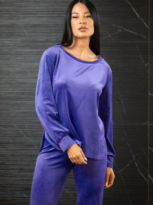 Bluze Damă Bumbac Mânecă Lungă cu Decolteu în V Violet