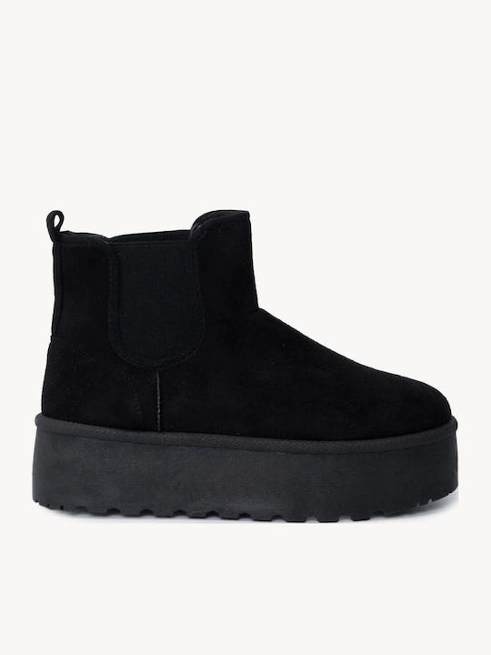 Black Fur Flatform Ankle Boots Elastic