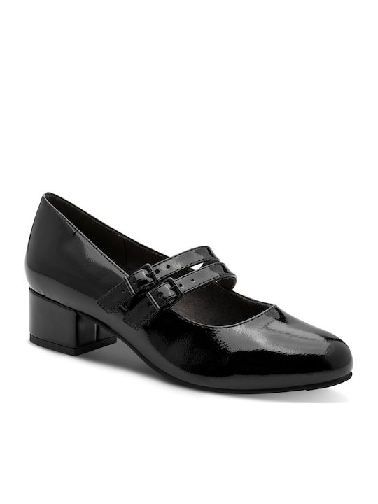 Jana Patent Leather Black Low Heels with Strap