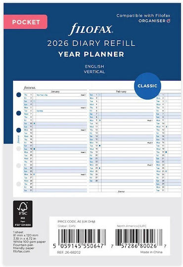 Ετησιο Πλανο Καθετο Filofax 2026 Pocket Αγγλικο Vertical Year Planner English Λευκο 26-68202