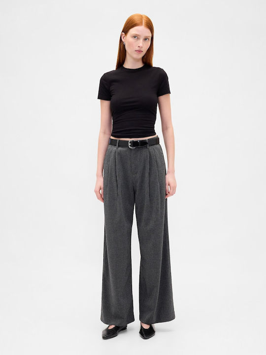 Women's High-waisted Fabric Trousers with Elastic Tonal Grey Plaid