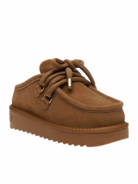 Leder Mules mit Niedrig Absatz in Tabac Braun Farbe
