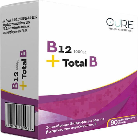 Cure Pharmaceuticals B12 1000μg + Total B Βιταμίνη για την Υγεία του Νευρικού Συστήματος 1000mg 90τμχ