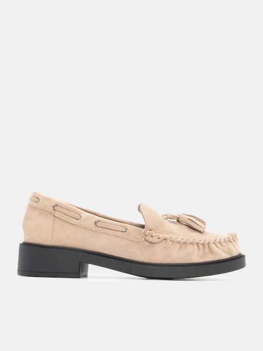 Luigi Leather Women's Loafers in Beige Color