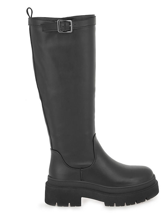 Synthetic Leather Medium Heel Women's Boots Black
