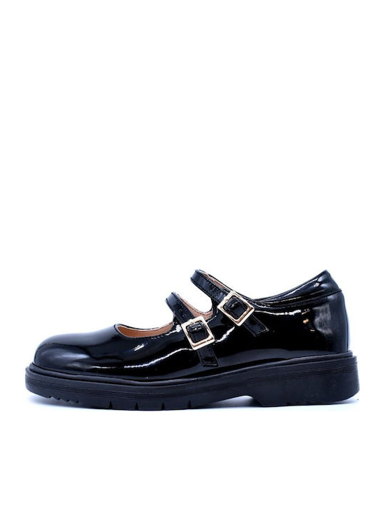 Kids Anatomic Leather Ballerinas with Adjustable Metal Clasp Black
