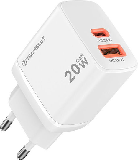 Techsuit Charger Without Cable GaN with USB-A Port and USB-C Port 20W Whites (CH2)