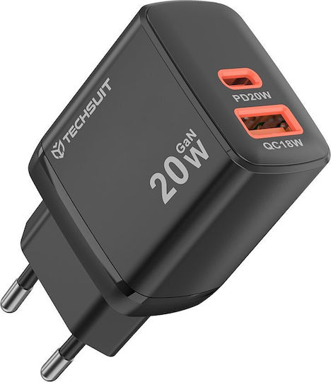 Techsuit Ladegerät ohne Kabel GaN mit USB-A Anschluss und USB-C Anschluss 20W Schwarzs (CH2)