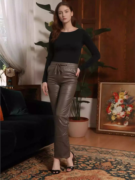 Remix Women's Fabric Trousers with Elastic Brown