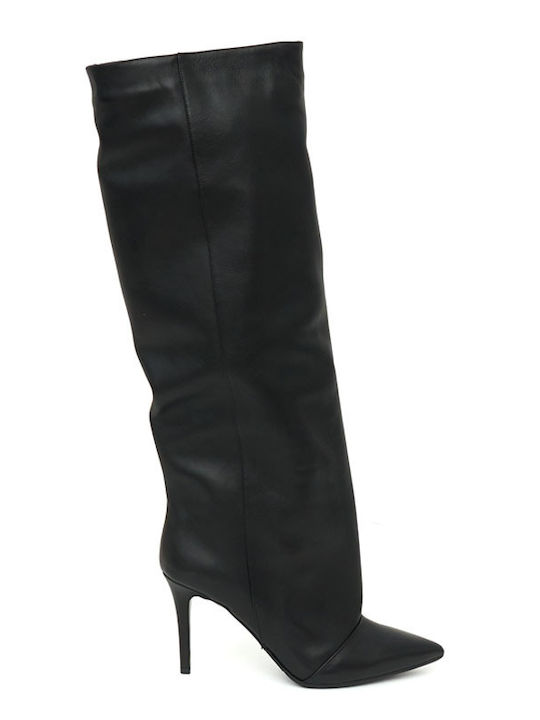 Leder Damenstiefel mit hohem Absatz Schwarz