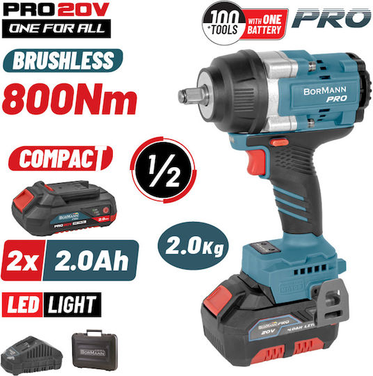 Bormann Pro BBP5386X22C Brushless Μπουλονόκλειδο Μπαταρίας 20V 2x2Ah με Υποδοχή 1/2"