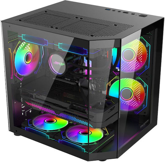 ProGaming Alma Cube Computergehäuse mit Seitenfenster und ARGB-Beleuchtung Schwarzes