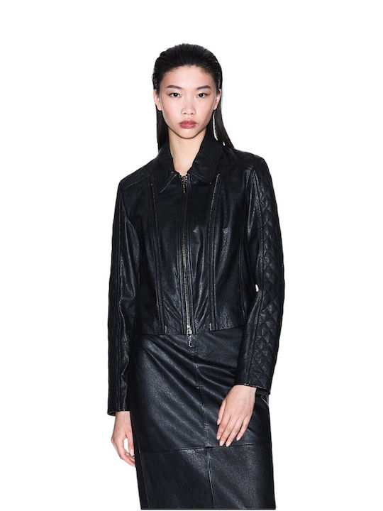 Armani Exchange Women's Lifestyle Leather Jacket for Winter Black