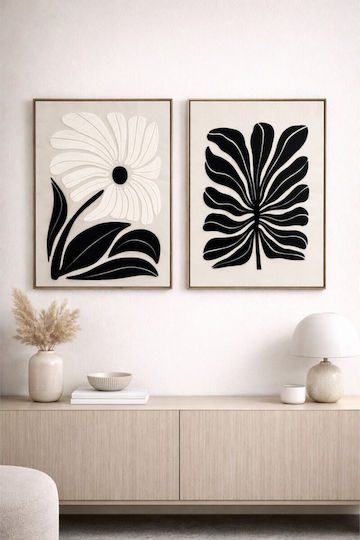 Fabric Frame Black and White Flowers 60x80