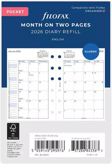 Filofax Monthly Diary Refill 2026 8.1x12cm