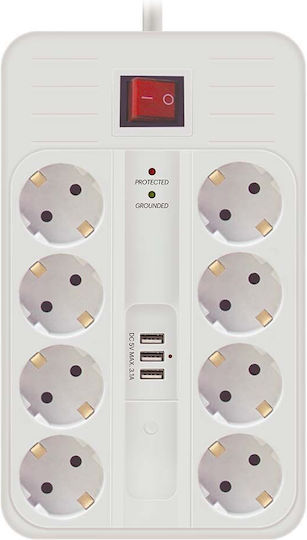Technik Power Strip with Surge Protection 8 Positions with 3 USB-A, USB-C, Switch and Cable 1.5m