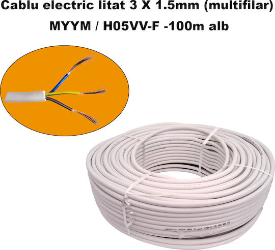 Cablu Electric Multifilar 3 X 1.5mm Myym H05vv-f Bobină 100 Metri Alb