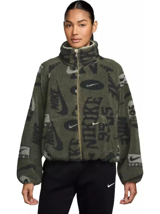 Nike Sportswear Κοντή Fleece Γυναικεία Ζακέτα με Φερμουάρ σε Πράσινο Χρώμα