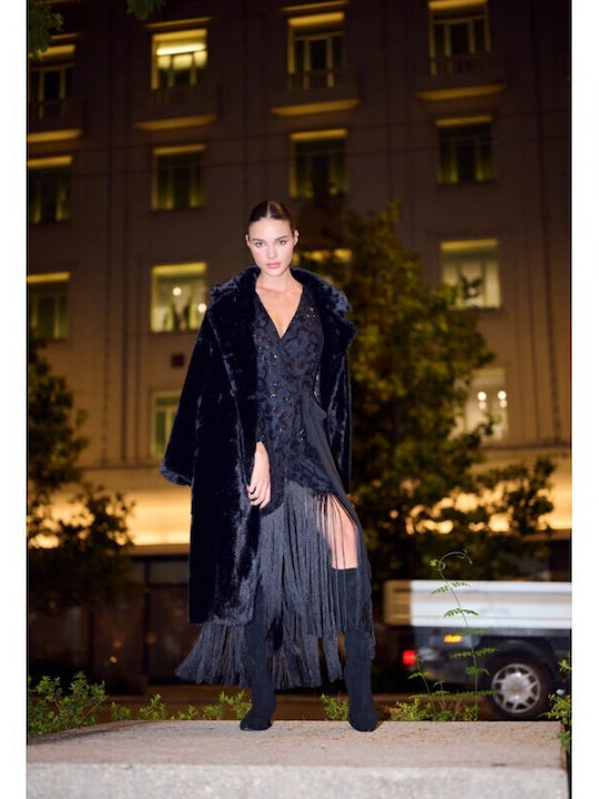Women's Black Coat with Fur Details