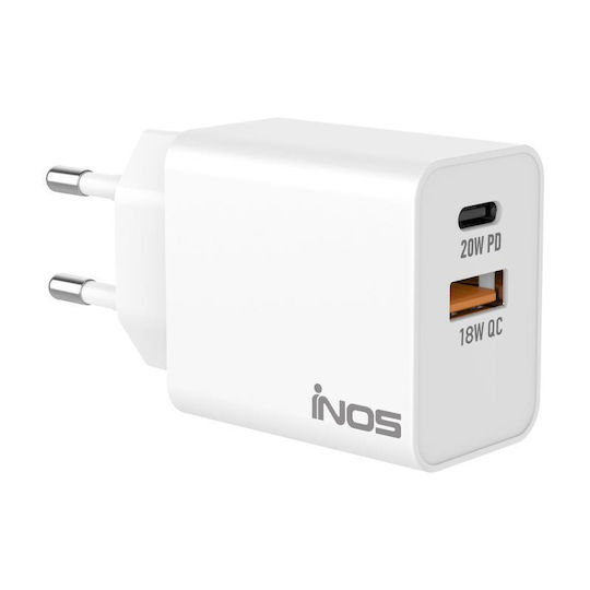 iNOS Charger Without Cable with USB-A Port and USB-C Port 20W Power Delivery / Quick Charge 3.0 Whites