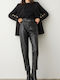 Women's High-waisted Fabric Trousers Regular Fit Black