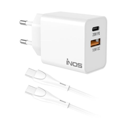 iNOS Charger with USB-A Port and USB-C Port and Cable USB-C - USB-C 20W Power Delivery / Quick Charge 3.0 Whites