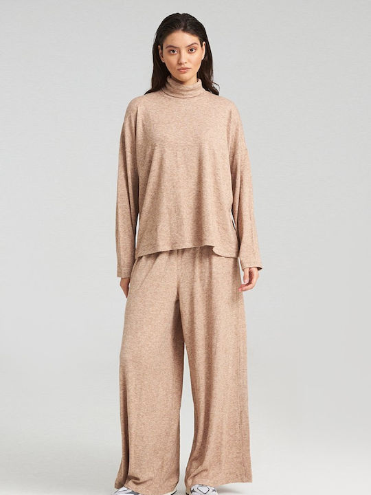 Collectiva Noir Women's Fabric Trousers Relaxed Fit Brown