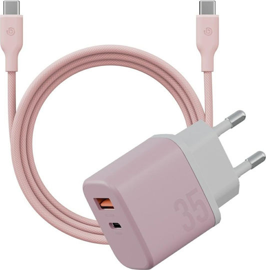 Bazic Φορτιστής GaN με Θύρα USB-A και Θύρα USB-C και Καλώδιο USB-C - USB-C 35W Power Delivery / Quick Charge 3.0 Ροζ (Goport Velox Kit)