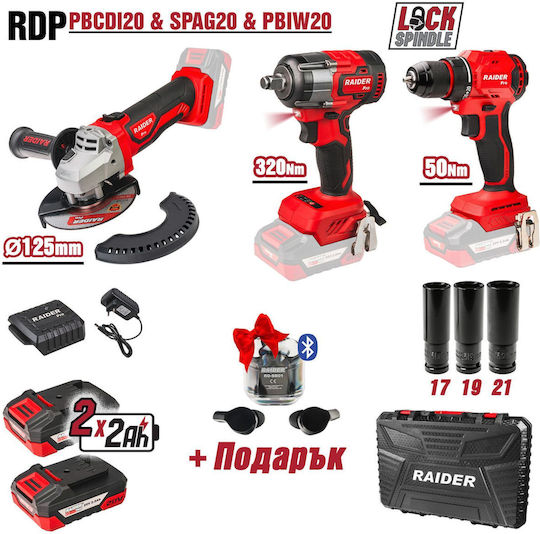 Raider 030255 Set Angle Wheel & Drill Driver & Impact Driver 20V with 2 Batteries 2Ah and Case