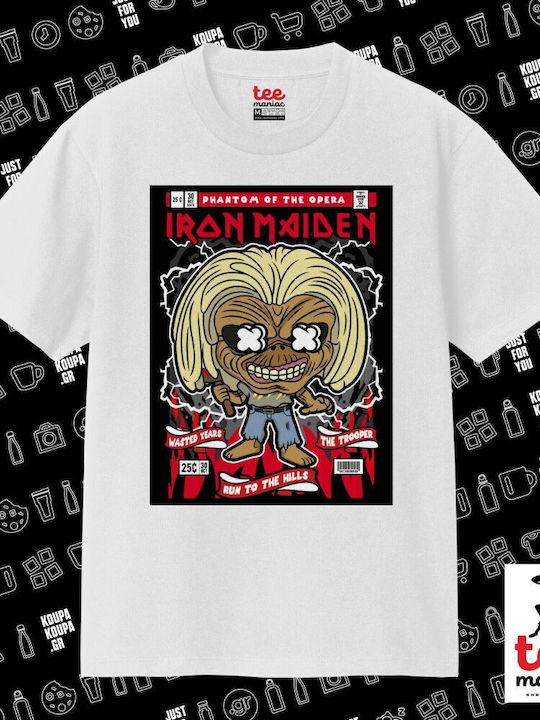 Iron Maiden Eddie Classic T-shirt Double Stitching Without Side Seams White 100% Cotton Vegan & Oeko-tex Certified