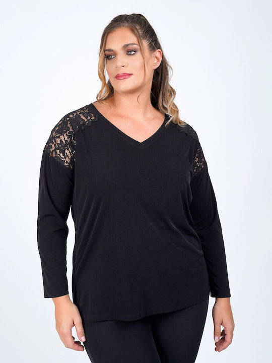 Bluza Damă Crop Top Cu Dantelă Și Transparent Negru