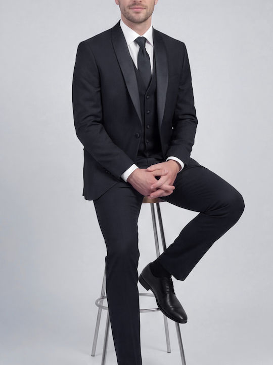 Men's Suit with Vest Slim Fit Black