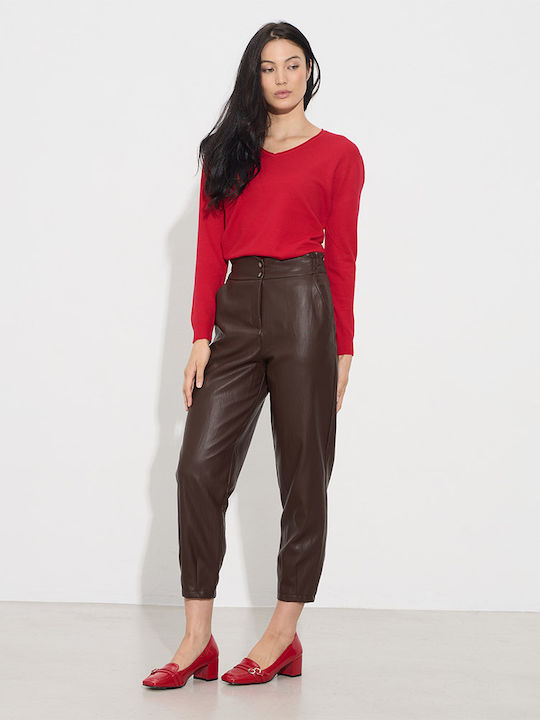 Damen Hoch tailliert Stoff Hose mit Gummizug Brown