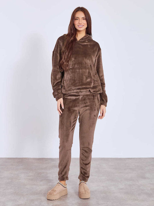 Celestino Σετ Φόρμας Fleece Loose Fit Καφέ Σκούρο