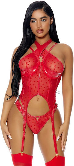 Set Red Semi-Transparent Corset & String Heart Design Forplay Steal Your Heart Bustier Garters Red 2pcs