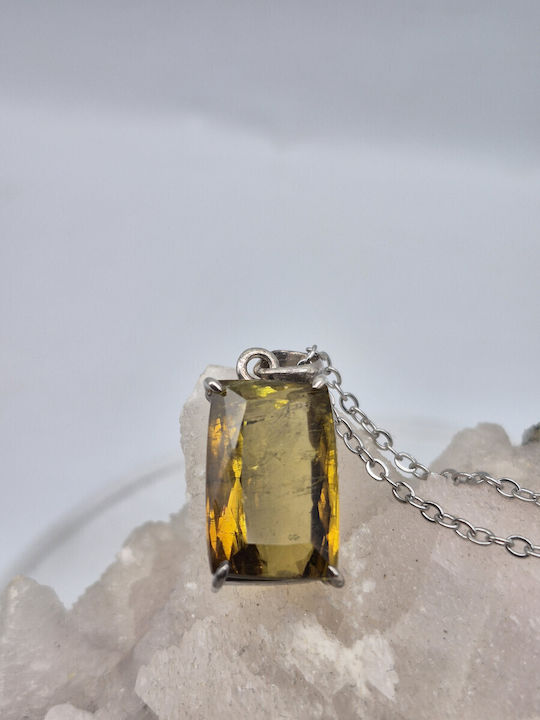 Ασημένιο Κολιέ Κίτρινη Τουρμαλίνη 19.4 Ct & Ατσάλινη Αλυσίδα – Χειροποίητο Statement Κόσμημα